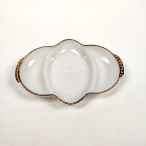 Vintage Discontinued Fire-King Ware Milk Glass Divided Serving Dish w/ Gold Trim